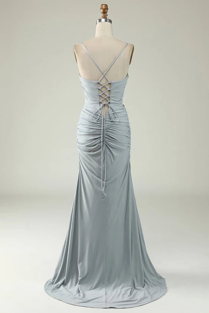 Weitese Dress Mermaid Spaghetti Straps Grey Plus Size Prom Dress With Criss Cross Back Prom Dress
